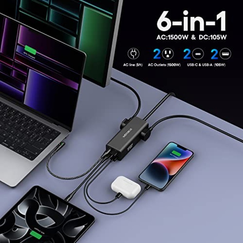 USB C 충전 스테이션, PD 100W 포트 및 AC 콘센트 확장기가 포함된 WOTOBEUS 105W GaN 6-in-1 충전기, iPhone 14 iPad MacBook Pro Type-C 노트북 Samsung S23 PPS45W 초고속용 서지 보호기 전원 스트립