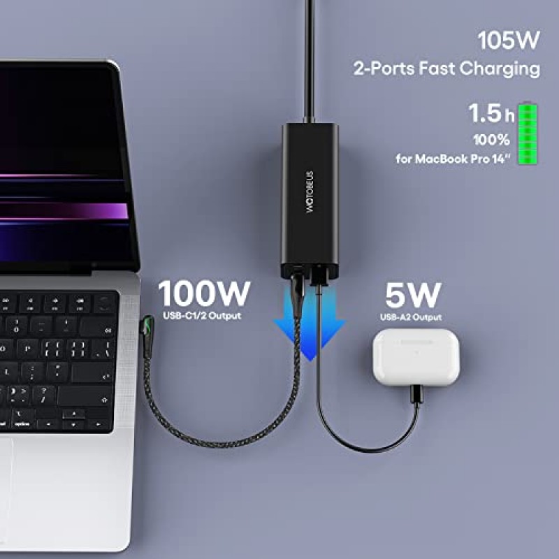 USB C 충전 스테이션, PD 100W 포트 및 AC 콘센트 확장기가 포함된 WOTOBEUS 105W GaN 6-in-1 충전기, iPhone 14 iPad MacBook Pro Type-C 노트북 Samsung S23 PPS45W 초고속용 서지 보호기 전원 스트립