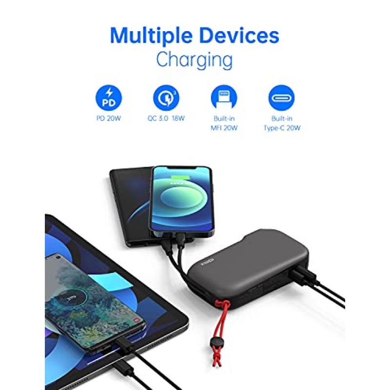 케이블 및 벽면 플러그가 내장된 IDMIX 휴대용 충전기, 10000mAh [Apple MFI 인증] iPhone용 보조베터리, 4출력 고속 충전 USB C 충전기, iPad, Samsung, Android 휴대폰용 휴대폰 배터리 팩