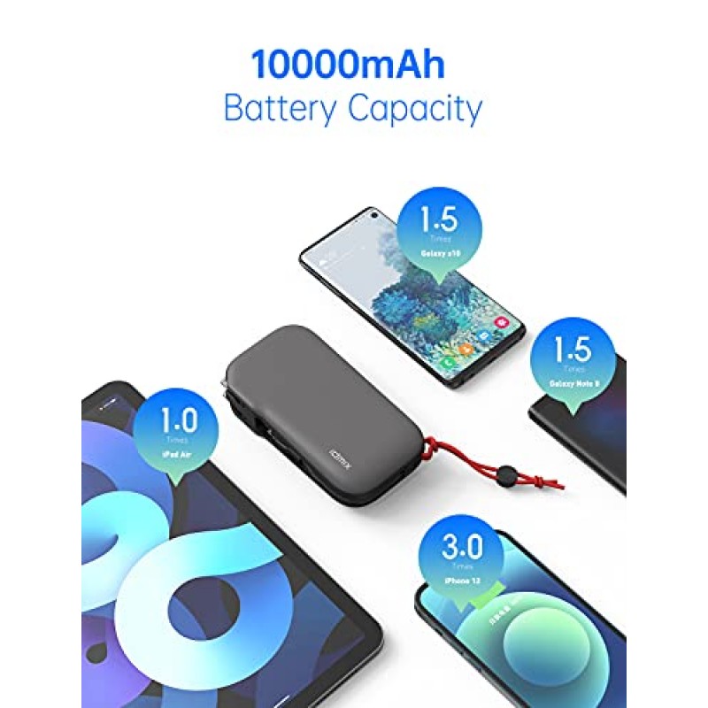 케이블 및 벽면 플러그가 내장된 IDMIX 휴대용 충전기, 10000mAh [Apple MFI 인증] iPhone용 보조베터리, 4출력 고속 충전 USB C 충전기, iPad, Samsung, Android 휴대폰용 휴대폰 배터리 팩