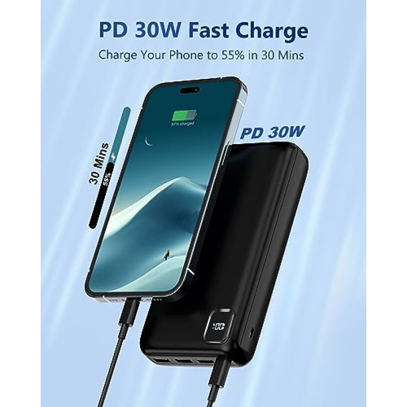 휴대용 충전기 보조 배터리 - 50000mAh 보조 배터리 PD 30W 및 QC 4.0 고속 충전 USB-C LED가 장착된 외장 배터리 팩 4 출력 및 2 입력 iPhone 15 14 13 pro, Samsung용 휴대용 충전