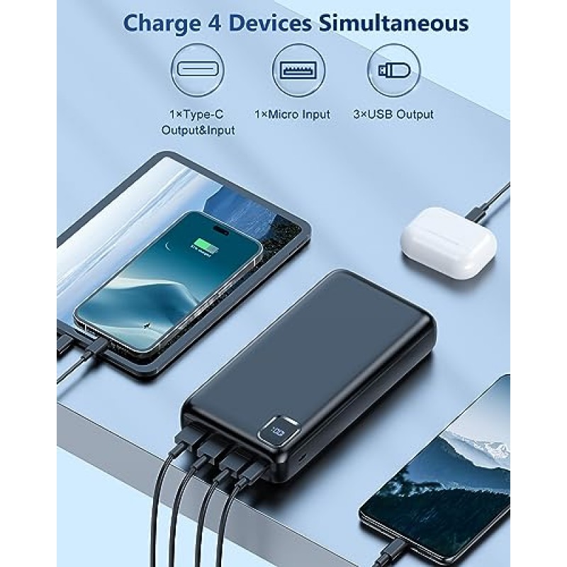 휴대용 충전기 보조 배터리 - 50000mAh 보조 배터리 PD 30W 및 QC 4.0 고속 충전 USB-C LED가 장착된 외장 배터리 팩 4 출력 및 2 입력 iPhone 15 14 13 pro, Samsung용 휴대용 충전