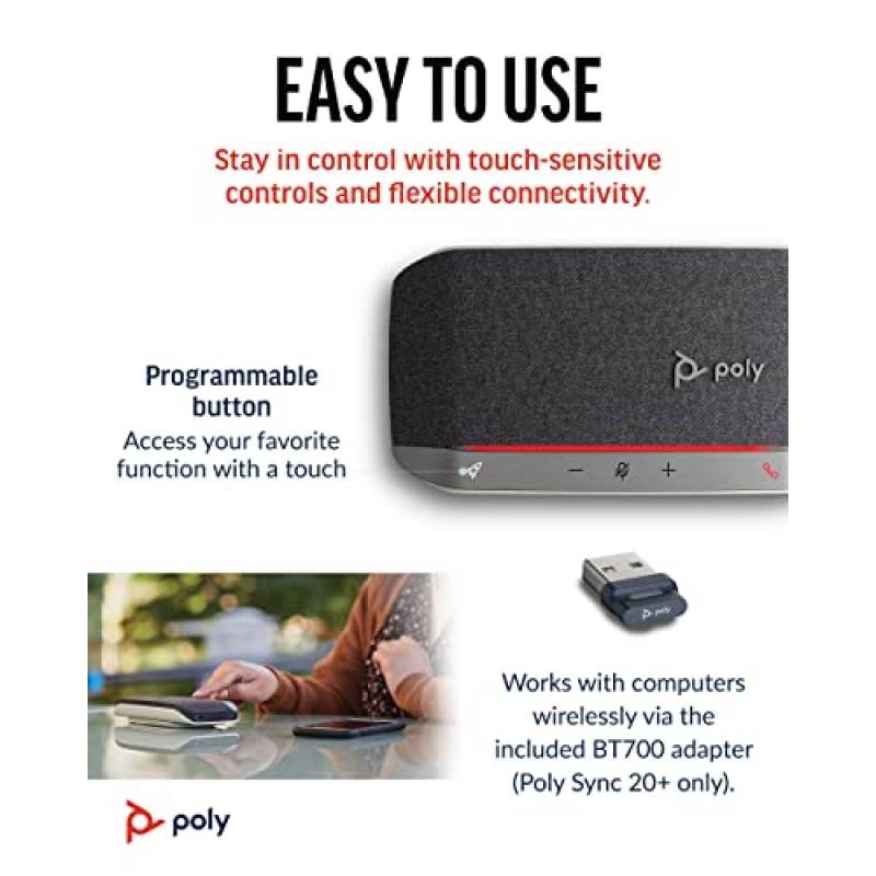 Poly Sync 20+ 개인용 휴대용 Bluetooth 스마트 스피커폰(Plantronics) - USB-A UC Bluetooth 어댑터 - PC/Mac/휴대폰에 무선으로 연결 - Teams, Zoom 등과 함께 작동 - Amazon 독점