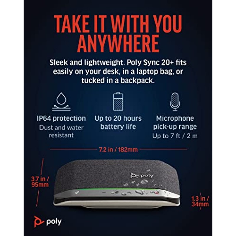 Poly Sync 20+ 개인용 휴대용 Bluetooth 스마트 스피커폰(Plantronics) - USB-A UC Bluetooth 어댑터 - PC/Mac/휴대폰에 무선으로 연결 - Teams, Zoom 등과 함께 작동 - Amazon 독점