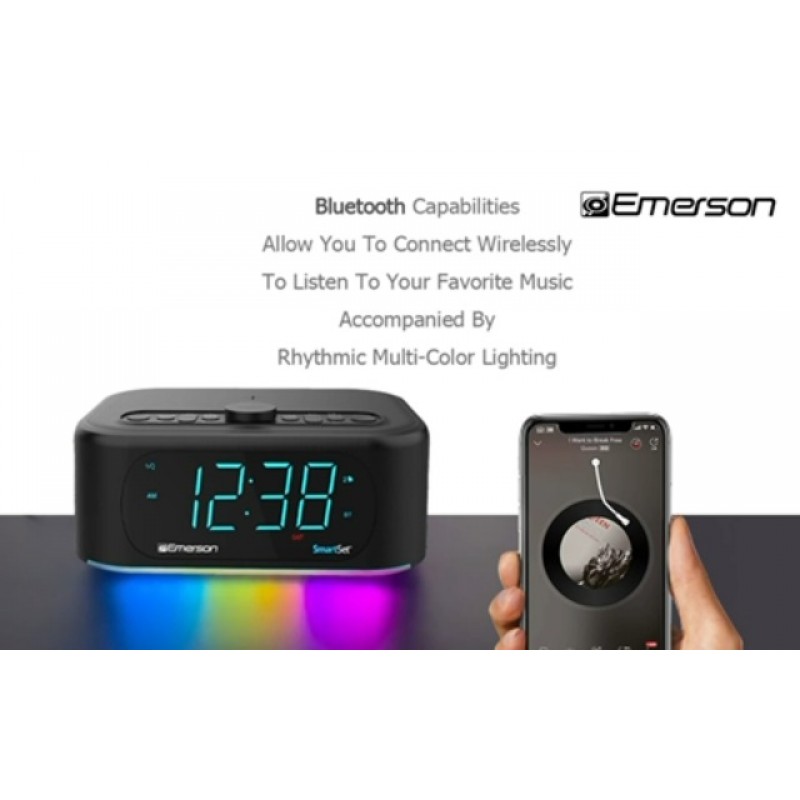 에머슨 Smartset 7색 Bluetooth 스피커 - 10W 스테레오 사운드, 15W 무선 ​​충전 및 음악으로 변경되는 LED 조명, 블랙