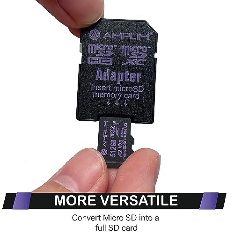 Amplim 마이크로 SD 카드 512GB | MicroSD 메모리 플러스 어댑터 | Nintendo, GoPro Hero, Surface, 휴대폰, 카메라 캠, 태블릿용 초고속 170MB/S A2 MicroSDXC U3 클래스 10 V30 UHS-I