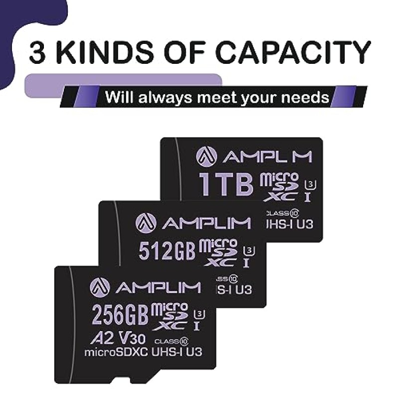 Amplim 마이크로 SD 카드 512GB | MicroSD 메모리 플러스 어댑터 | Nintendo, GoPro Hero, Surface, 휴대폰, 카메라 캠, 태블릿용 초고속 170MB/S A2 MicroSDXC U3 클래스 10 V30 UHS-I