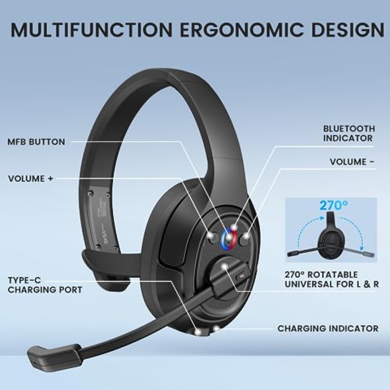 EKSA Bluetooth Trucker 헤드셋, 환경 소음 제거 마이크 및 USB 동글이 포함된 무선 헤드셋, 99피트 장거리, 볼륨 조절, 단일 이어 Trucker 헤드폰, PC/Mac/전화와 작동