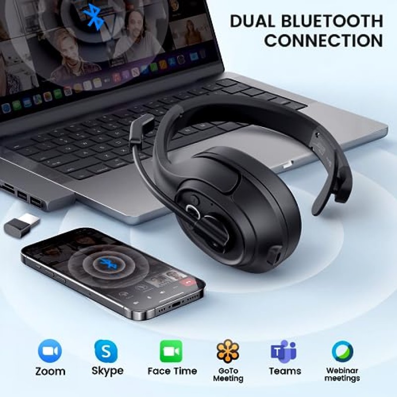 EKSA Bluetooth Trucker 헤드셋, 환경 소음 제거 마이크 및 USB 동글이 포함된 무선 헤드셋, 99피트 장거리, 볼륨 조절, 단일 이어 Trucker 헤드폰, PC/Mac/전화와 작동