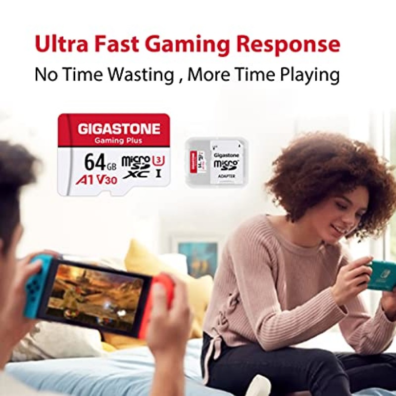 [Gigastone] 64GB 5팩 마이크로 SD 카드, 게이밍 플러스, Nintendo 스위치용 MicroSDXC 메모리 카드, 스마트폰, Fire 태블릿, 4K UHD 비디오 녹화, UHS-I U3 C10 A1 V30, 최대 90MB/s, 어댑터 포함