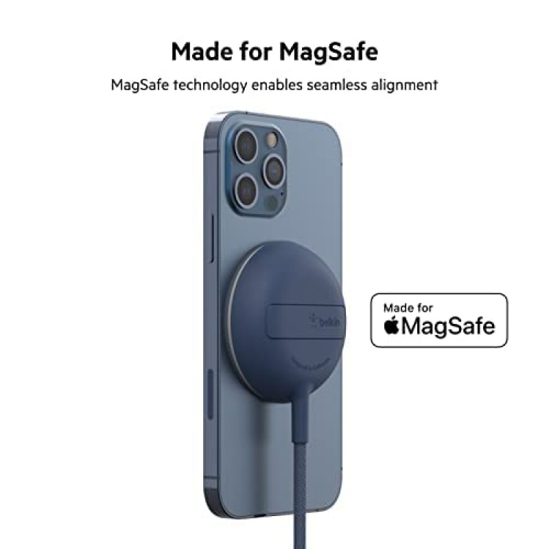 MagSafe용 Belkin 무선 충전기, 15W 고속 충전 패드(PSU 미포함), 킥 스탠드 및 6.6피트 긴 편조 케이블 포함, iPhone 15, 15 Pro, 15 Pro Max, 14 및 13, iPhone Mini와 호환 가능 - 블루