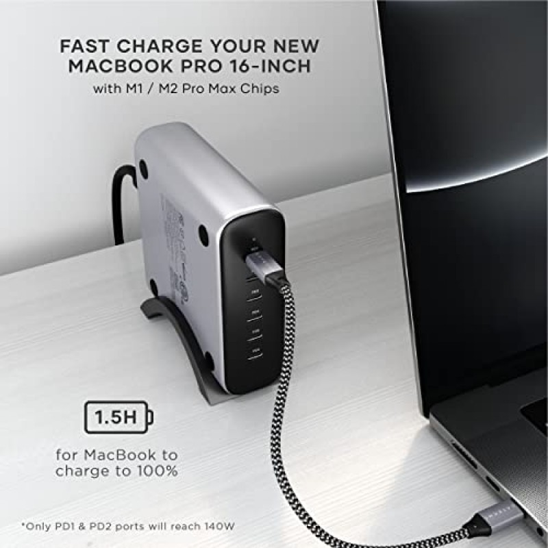 6개 포트가 있는 Satechi GaN 200W USB C 충전기 - 2X USB-C PD 3.1(140W) 및 4X USB-C PD 3.0, Apple 및 대부분의 Thunderbolt USB-C 장치와 호환되는 고속 충전 여행용 스테이션