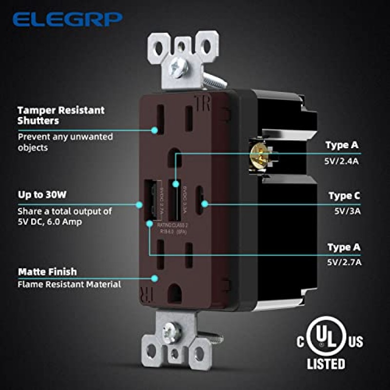 ELEGRP 30W 6.0Amp 3포트 USB 벽면 콘센트, USB Type C 및 Type A 포트가 있는 15Amp 콘센트, iPhone/iPad/Samsung/LG/HTC/Android 장치용 USB 충전기, UL 등록, 벽면 플레이트 포함, 6팩, 매트 브라운