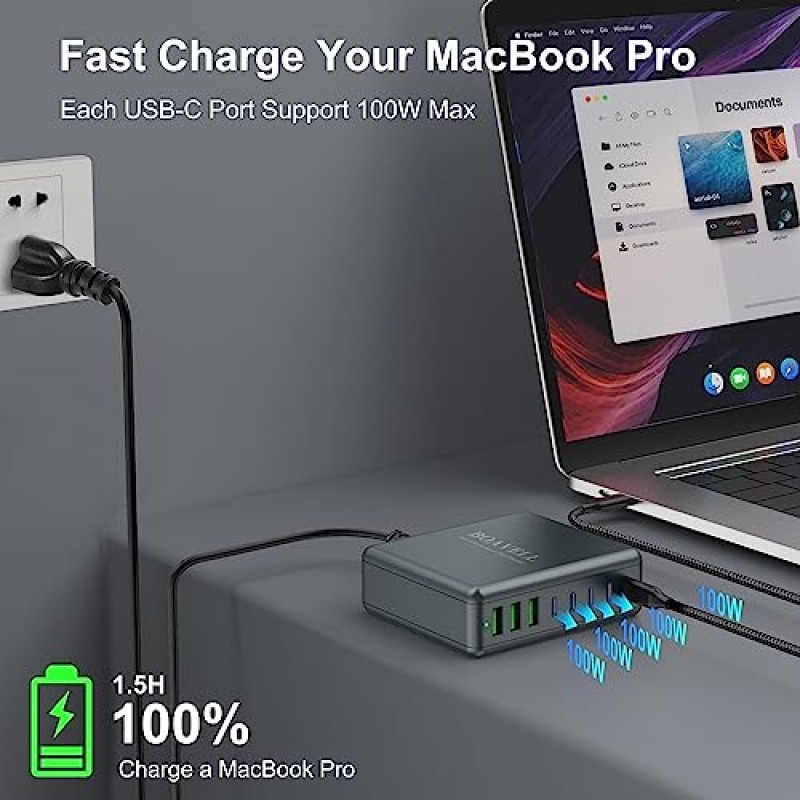 USB C 충전기, 200W BOAVELL 8포트 GaN USB C 충전기 블록(6FT USB-C 케이블 포함), MacBook Pro/Air, iPhone 15 14 Pro Max Mini, iPad, iWatch, Galaxy Google Pixel 등을 위한 휴대용 USB C 벽면 충전기