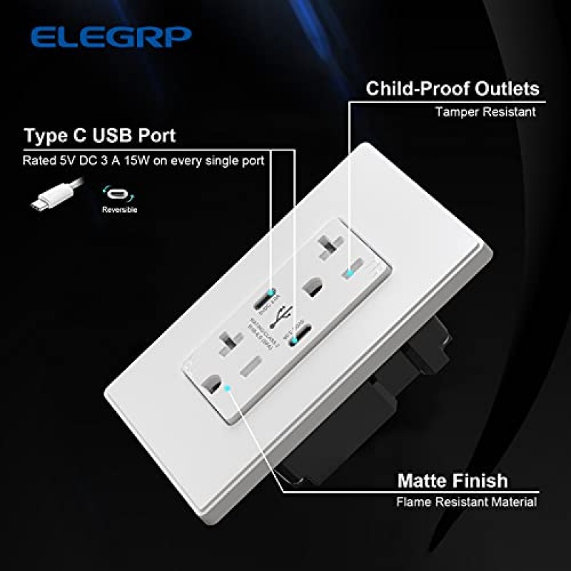 ELEGRP 30W 6.0Amp 듀얼 Type C USB 벽면 콘센트, USB Type C 포트가 있는 20Amp 콘센트, iPhone, iPad, Samsung, LG, HTC 및 Android 장치용 USB 충전기, UL 등록, 벽면 플레이트 포함, 6 팩, 흰색