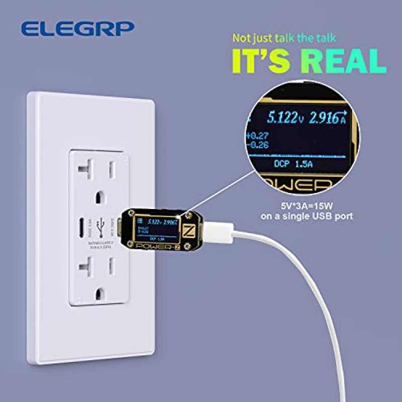 ELEGRP 30W 6.0Amp 듀얼 Type C USB 벽면 콘센트, USB Type C 포트가 있는 20Amp 콘센트, iPhone, iPad, Samsung, LG, HTC 및 Android 장치용 USB 충전기, UL 등록, 벽면 플레이트 포함, 6 팩, 흰색