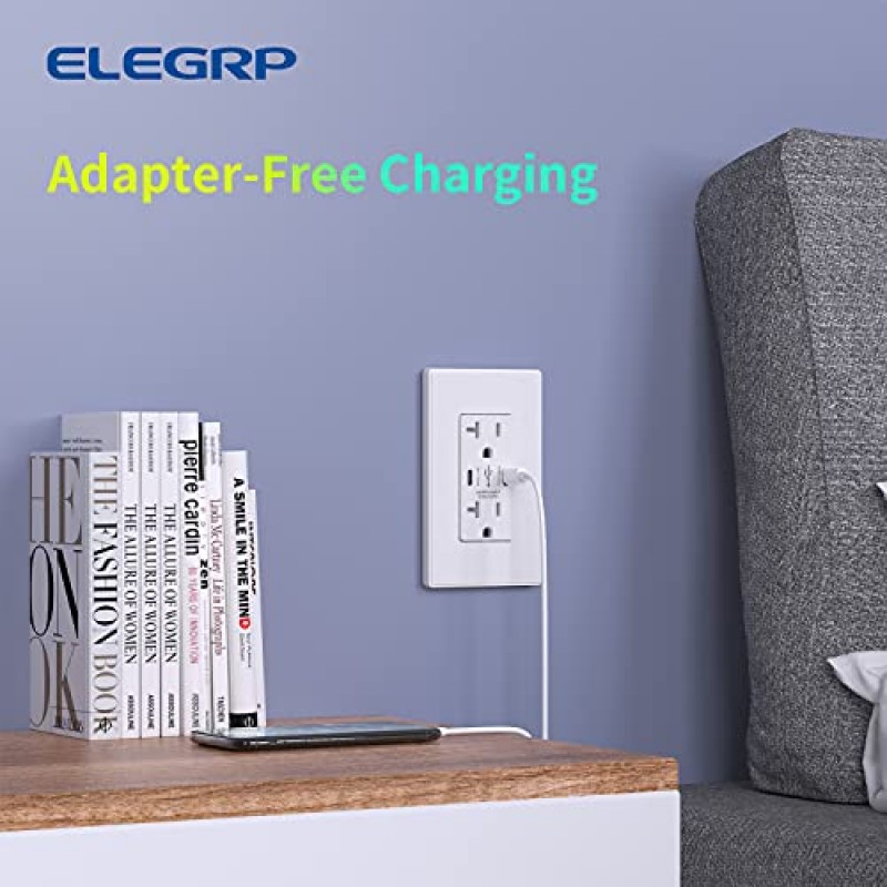 ELEGRP 30W 6.0Amp 듀얼 Type C USB 벽면 콘센트, USB Type C 포트가 있는 20Amp 콘센트, iPhone, iPad, Samsung, LG, HTC 및 Android 장치용 USB 충전기, UL 등록, 벽면 플레이트 포함, 6 팩, 흰색