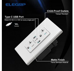 ELEGRP 30W 6.0Amp 듀얼 Type C USB 벽면 콘센트, USB Type C 포트가 있는 20Amp 콘센트, iPhone, iPad, Samsung, LG, HTC 및 Android 장치용 USB 충전기, UL 등록, 벽면 플레이트 포함, 6 팩, 흰색