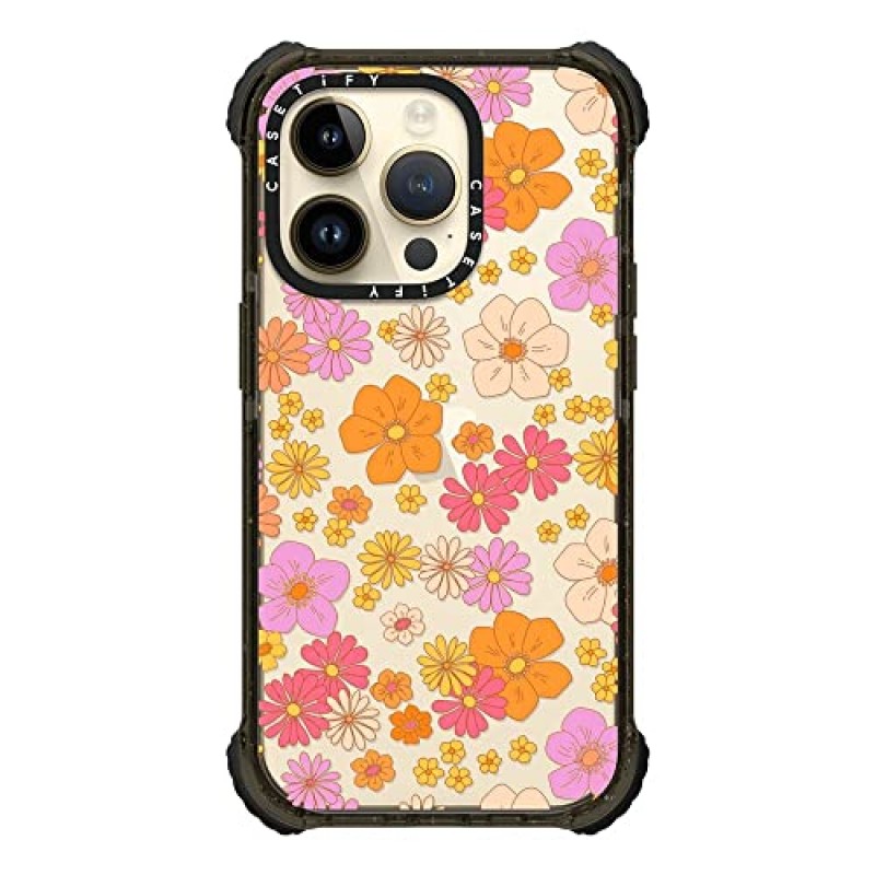 CASETiFY 울트라 임팩트 아이폰 14 Pro 케이스 [5X 군용 등급 낙하 테스트 완료 / 11.5ft 낙하 보호] - 레트로 보호 히피 꽃무늬(투명 배경에 60년대/70년대 꽃무늬) - 글로시 블랙