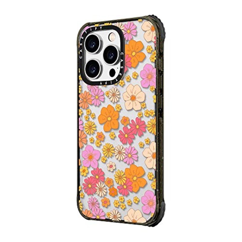 CASETiFY 울트라 임팩트 아이폰 14 Pro 케이스 [5X 군용 등급 낙하 테스트 완료 / 11.5ft 낙하 보호] - 레트로 보호 히피 꽃무늬(투명 배경에 60년대/70년대 꽃무늬) - 글로시 블랙