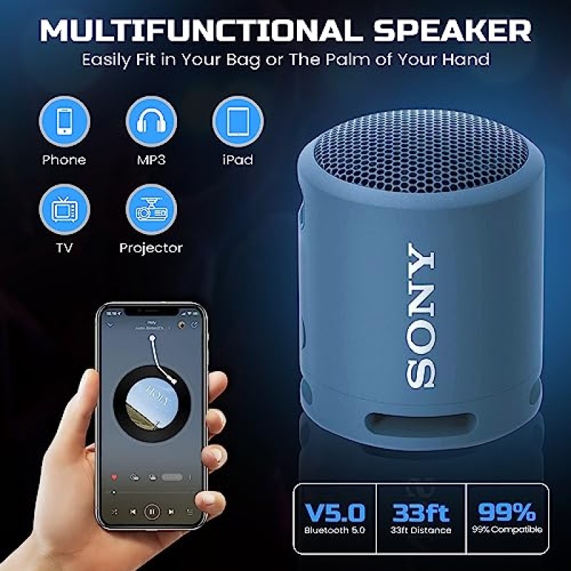 Sony Bluetooth 스피커, 휴대용 스피커 Bluetooth 무선, Extra BASS IP67 야외용 방수 및 내구성, 소형 미니 여행용 스피커 소형, 16시간 배터리, USB Type-C, 파란색 + USB 어댑터