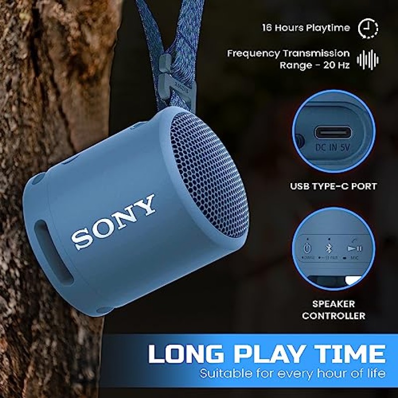 Sony Bluetooth 스피커, 휴대용 스피커 Bluetooth 무선, Extra BASS IP67 야외용 방수 및 내구성, 소형 미니 여행용 스피커 소형, 16시간 배터리, USB Type-C, 파란색 + USB 어댑터