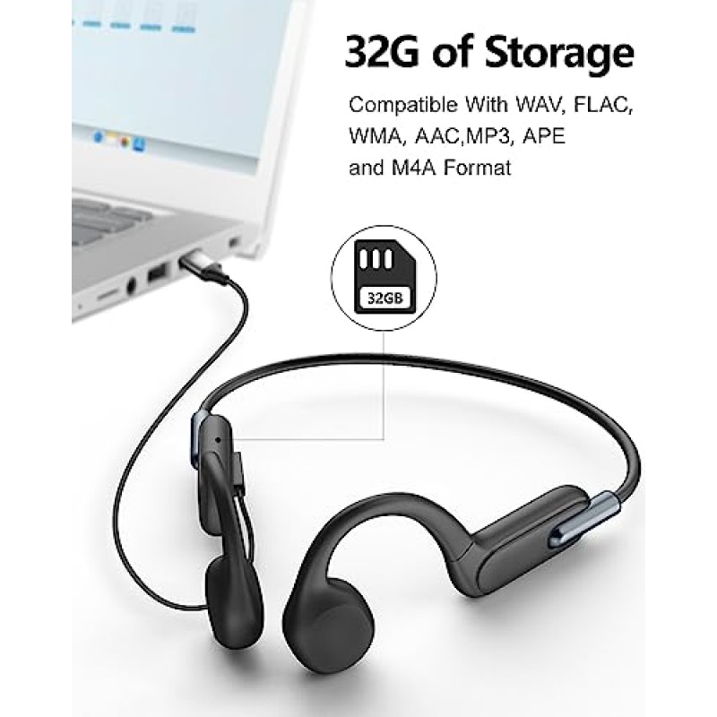 골전도 헤드폰 수영, 32G 메모리 내장 IP68 방수 스포츠 헤드폰, 수영, 사이클링, 달리기용 귀마개 및 조절 스트랩이 있는 무선 Bluetooth 5.3 개방형 헤드폰
