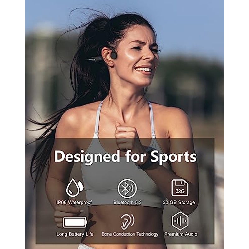 골전도 헤드폰 수영, 32G 메모리 내장 IP68 방수 스포츠 헤드폰, 수영, 사이클링, 달리기용 귀마개 및 조절 스트랩이 있는 무선 Bluetooth 5.3 개방형 헤드폰