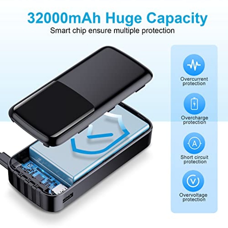 휴대용 충전기 32000mAh - 22.5W PD18W USB C 전원 은행 고속 충전 외장 배터리 팩(케이블 내장 4개, 출력 5개 3개 입력) 스마트폰용 LED 디스플레이 충전 은행, 전원 팩 배터리 은행