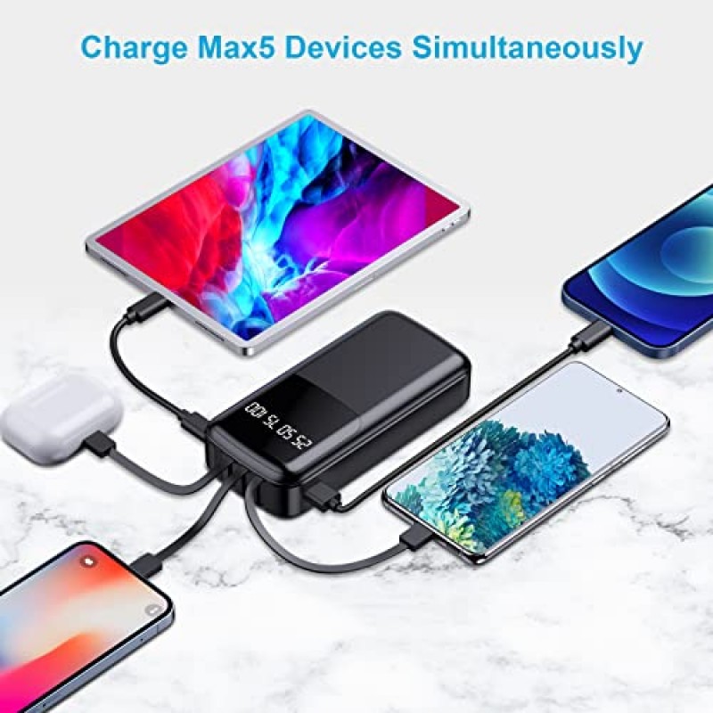 휴대용 충전기 32000mAh - 22.5W PD18W USB C 전원 은행 고속 충전 외장 배터리 팩(케이블 내장 4개, 출력 5개 3개 입력) 스마트폰용 LED 디스플레이 충전 은행, 전원 팩 배터리 은행