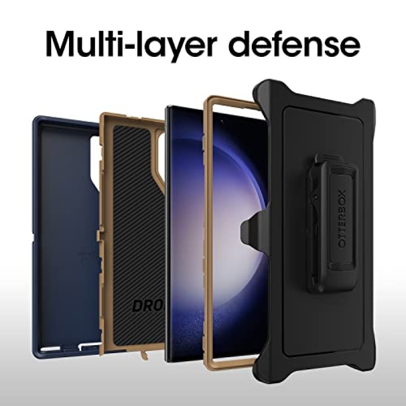 OtterBox Galaxy S23 Ultra Defender 시리즈 케이스 - 블루 스웨이드 슈즈(블루), 견고하고 내구성이 뛰어나며 포트 보호 기능이 있으며 홀스터 클립 킥스탠드 포함