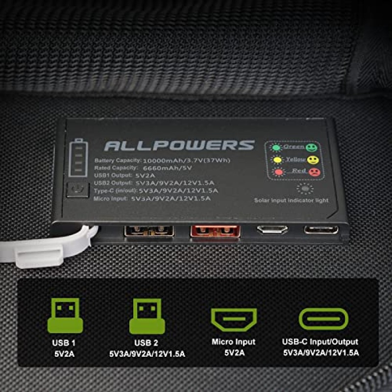 ALLPOWERS SP002 21W 태양열 충전기, 10000mAh 보조베터리 및 3개의 고속 충전 USB-A/USB-C 포트, 캠핑 하이킹용 IP66 방수 휴대용 태양열 패널 iPhone iPad 삼성 이어버드와 호환 가능