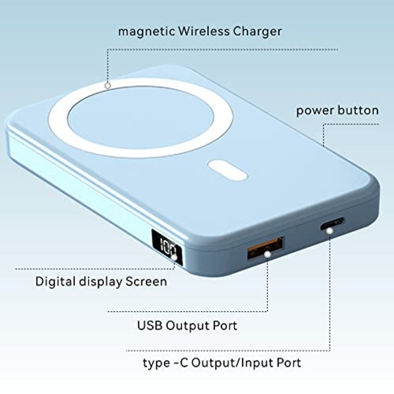 ANEW 마그네틱 휴대용 무선 충전기, 접이식 10000mAh 배터리 팩(USB-C 케이블 포함) LED 디스플레이, 마그네틱 파워 뱅크 22.5W PD 고속 충전, iPhone 14/13/12/Pro/Mini/Pro Max, 블루