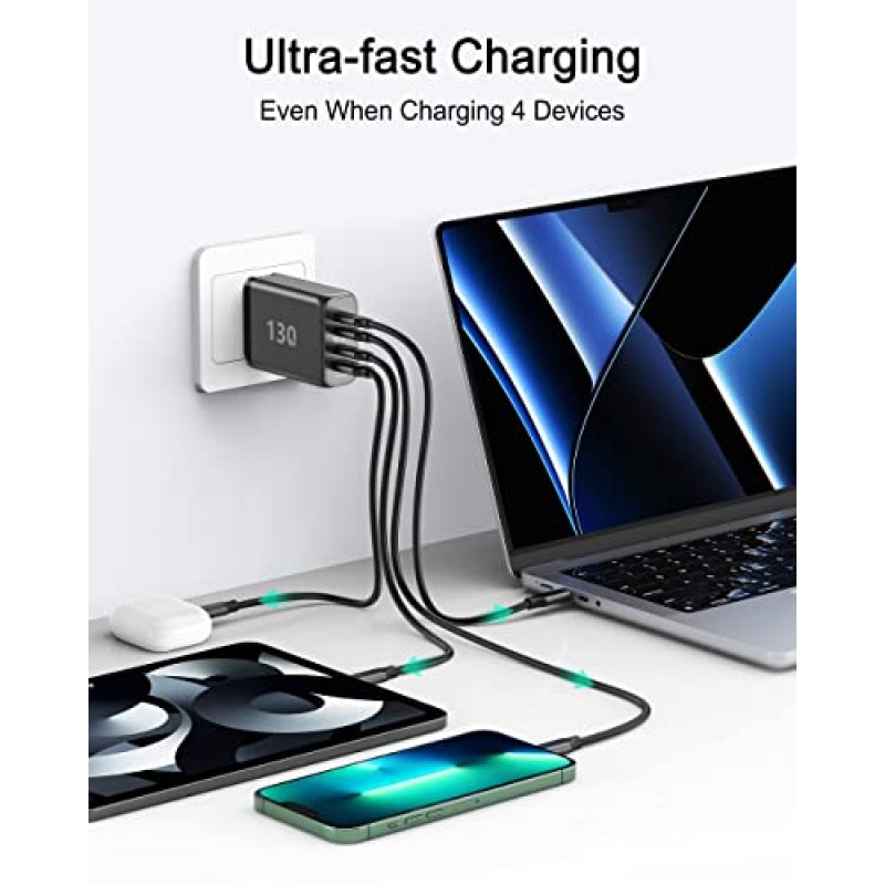 100W USB C GaN 충전기 4 포트 130W PD PPS 초고속 충전 스테이션 Type-C 노트북 벽면 충전기 블록 전원 어댑터 AC 케이블 iPhone 14 iPad MacBook Pro용 다중 포트 Samsung Pixel Lenovo HP Dell