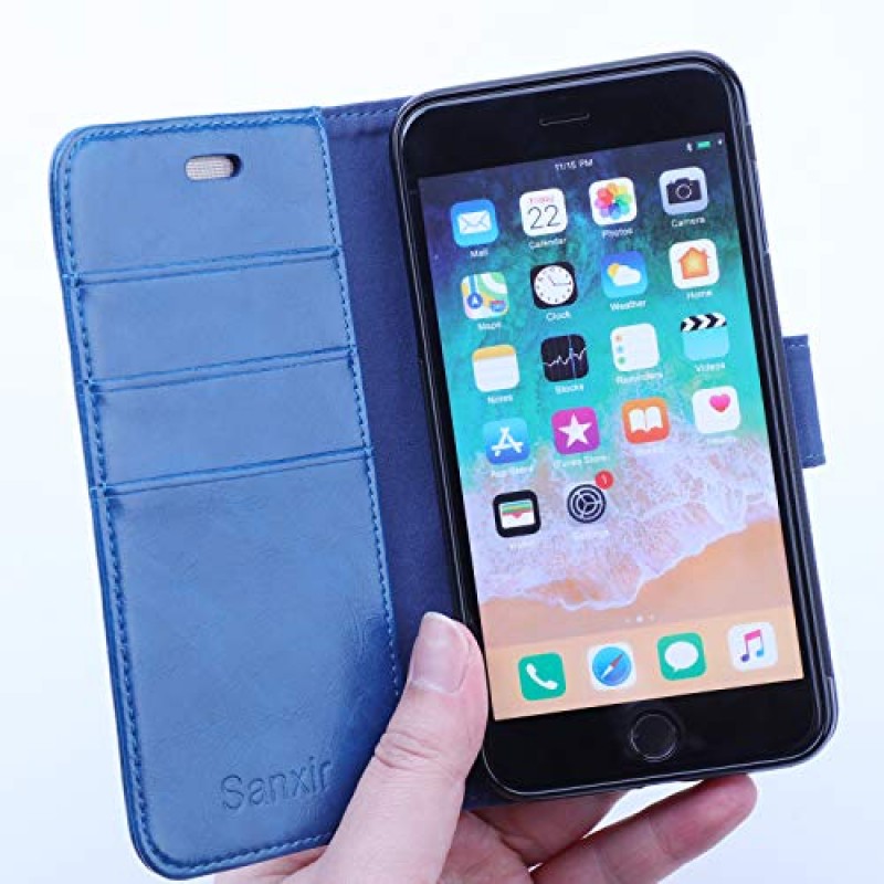 RFID 보호 기능을 갖춘 새로운 종류의 나노스케일 그래핀 기반 소재를 사용한 iPhone 8 및 iPhone 7(플러스 아님)용 Sanxir 방사선 방지 케이스, 낙하 방지 EMF 및 RF 보호 지갑 케이스입니다. (파란색)