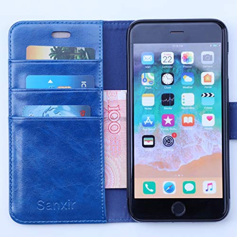 RFID 보호 기능을 갖춘 새로운 종류의 나노스케일 그래핀 기반 소재를 사용한 iPhone 8 및 iPhone 7(플러스 아님)용 Sanxir 방사선 방지 케이스, 낙하 방지 EMF 및 RF 보호 지갑 케이스입니다. (파란색)