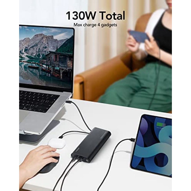 VEGER 100W 노트북 전원 은행, 내장 케이블이 포함된 25000mAh 휴대용 노트북 충전기, MacBook Dell XPS iPad iPhone 14/13/12 시리즈, Samsung용 PD/PPS 고속 충전 배터리 팩(총 130W)