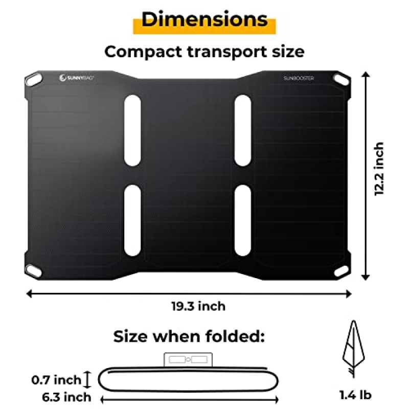 써니백 선부스터 | 21와트 접이식 태양광 충전기 | 이동 중에도 친환경 태양광 충전 | 방수 및 경량 | USB 포트 2개 | 하이킹, 배낭여행, 캠핑용 태양광 패널 충전기