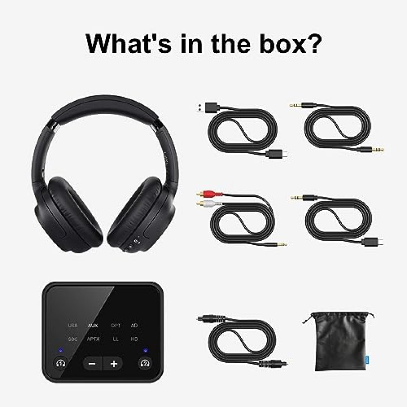 TV 시청용 Soundodo Bluetooth 헤드폰, 광학, RCA, AUX, 플러그 앤 플레이, 50H 재생 시간, 지연 없음, 듀얼 링크, 165피트 장거리 Bluetooth 5.3 송신기를 갖춘 TV 시청용 무선 헤드폰