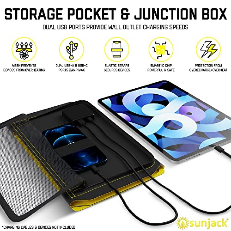 SunJack 25W 접이식 IP67 방수 ETFE 단결정 태양광 패널 + 배낭 여행, 캠핑, 하이킹을 위한 휴대폰, 태블릿 및 휴대용 USB-A 및 USB-C가 포함된 2X 10000mAh 보조베터리