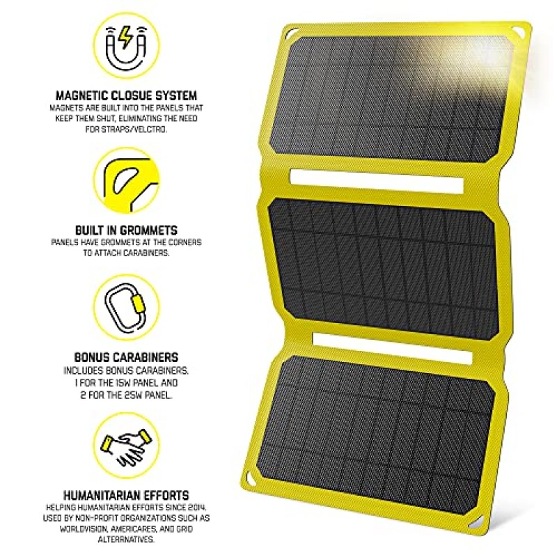SunJack 25W 접이식 IP67 방수 ETFE 단결정 태양광 패널 + 배낭 여행, 캠핑, 하이킹을 위한 휴대폰, 태블릿 및 휴대용 USB-A 및 USB-C가 포함된 2X 10000mAh 보조베터리