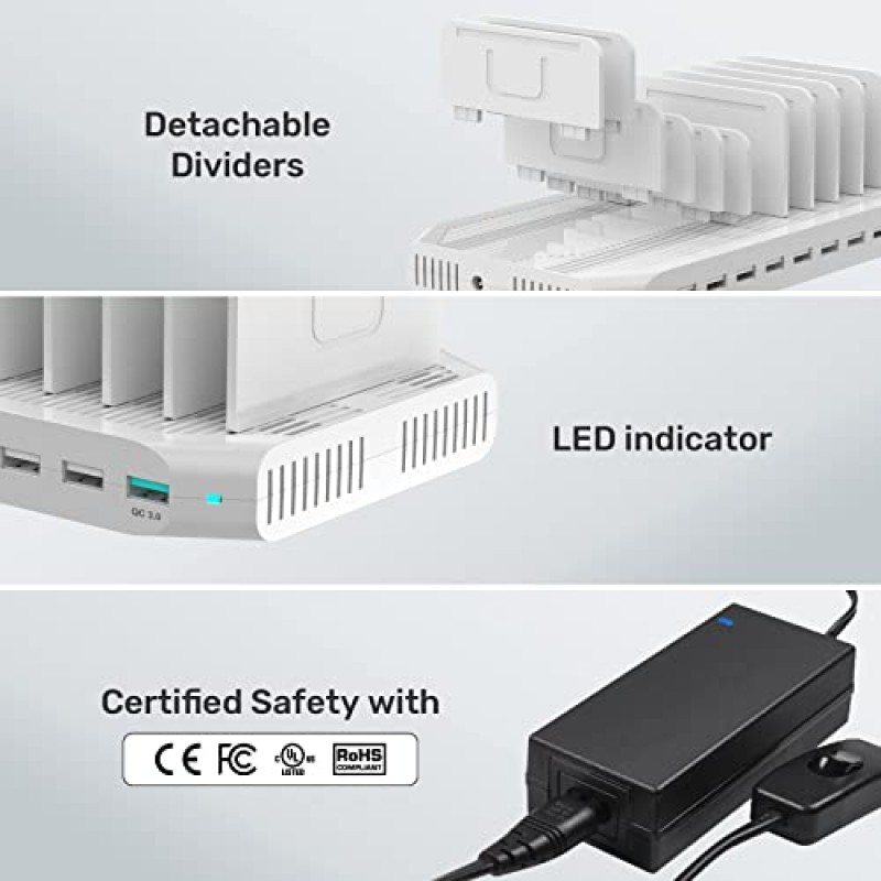여러 장치를 위한 Unitek 충전 스테이션, 조정 가능한 분배기가 있는 USB 충전 도크, QC 3.0 및 SmartIC, iPhone, iPad, 태블릿 정리 스탠드-(UL 인증)