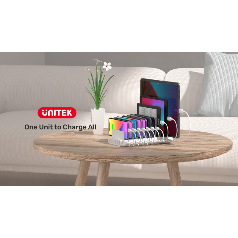 여러 장치를 위한 Unitek 충전 스테이션, 조정 가능한 분배기가 있는 USB 충전 도크, QC 3.0 및 SmartIC, iPhone, iPad, 태블릿 정리 스탠드-(UL 인증)