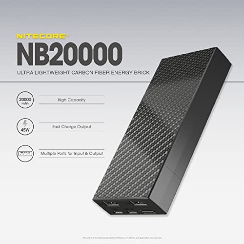 Nitecore NB20000 보조베터리, 20000mAh 45W 고속 충전 QC PD Lumentac USB 충전 케이블을 사용하여 iPhone, Samsung Galaxy 및 태블릿과 호환 가능