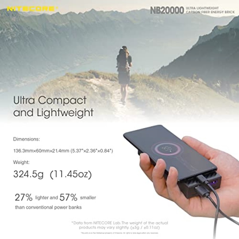 Nitecore NB20000 보조베터리, 20000mAh 45W 고속 충전 QC PD Lumentac USB 충전 케이블을 사용하여 iPhone, Samsung Galaxy 및 태블릿과 호환 가능