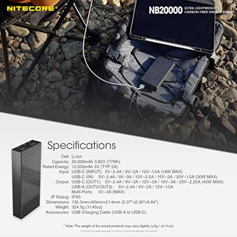 Nitecore NB20000 보조베터리, 20000mAh 45W 고속 충전 QC PD Lumentac USB 충전 케이블을 사용하여 iPhone, Samsung Galaxy 및 태블릿과 호환 가능