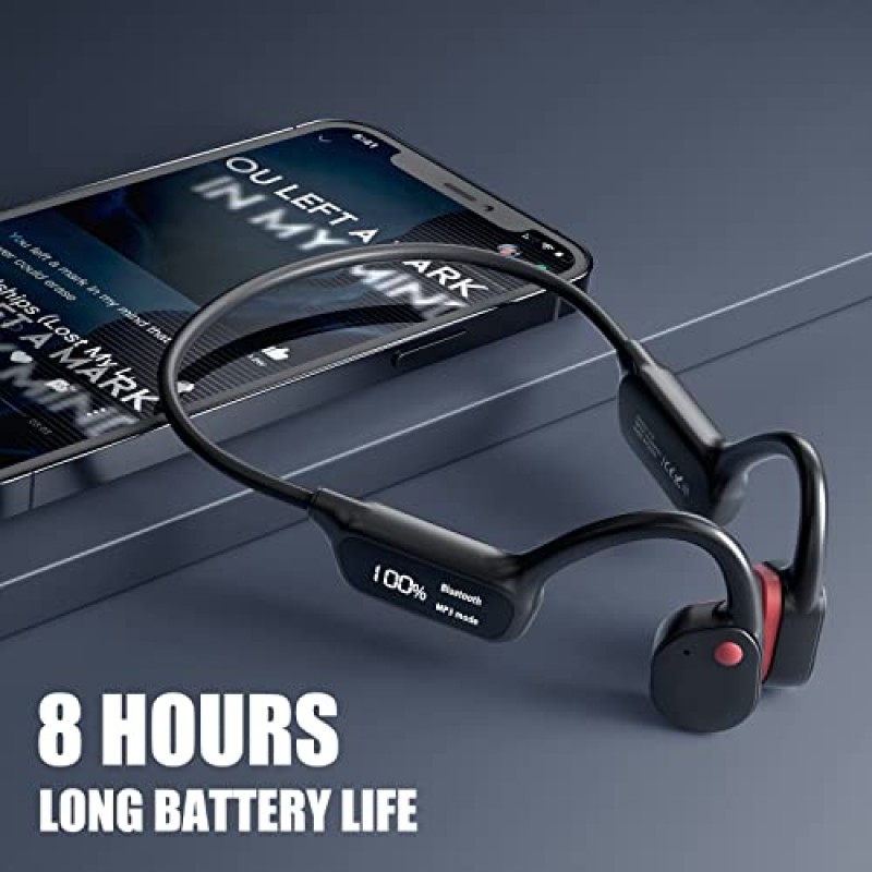 LED 디스플레이가 장착된 Ortizan 골전도 헤드폰, 오픈 이어 헤드폰 Bluetooth 5.3 마이크가 내장된 스포츠 무선 이어폰 수영, 달리기, 사이클링, 하이킹용 IPX8 방수(I6, 검정색)