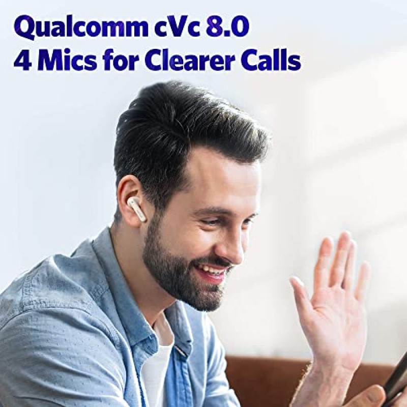 EarFun Air S 소음 차단 무선 이어버드, Qualcomm® aptX™, 마이크 4개 CVC 8.0 통화, 다지점 연결, 무선 충전, 10mm 울 복합 드라이버, 맞춤형 EQ가 포함된 앱, 게임 모드, 화이트