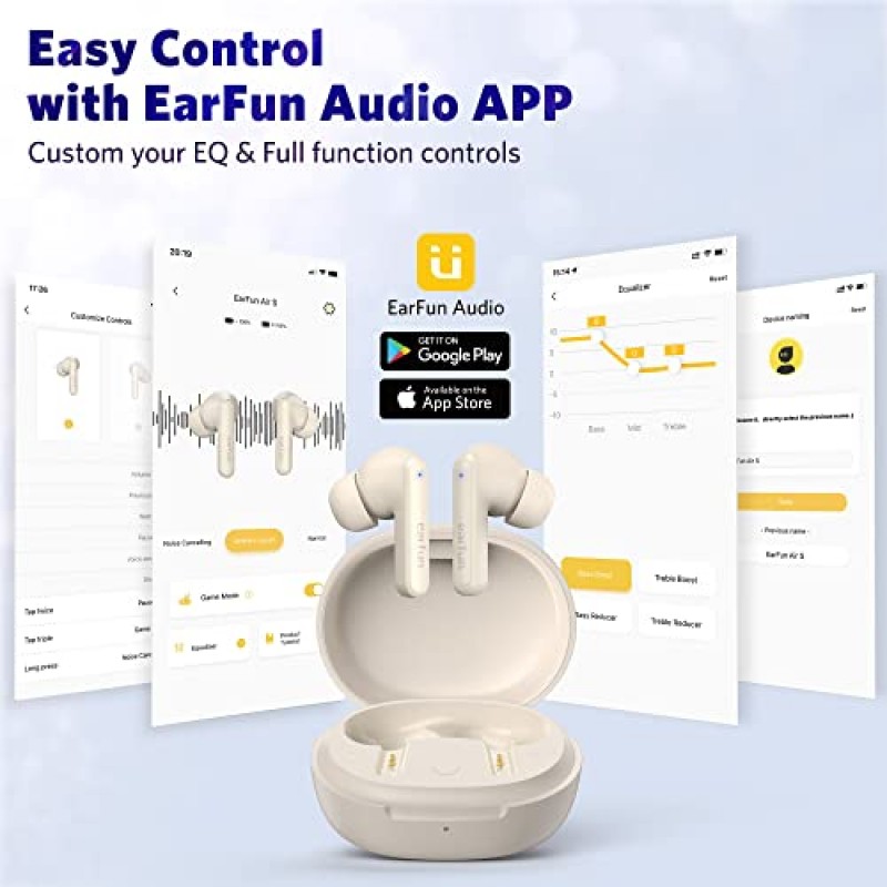 EarFun Air S 소음 차단 무선 이어버드, Qualcomm® aptX™, 마이크 4개 CVC 8.0 통화, 다지점 연결, 무선 충전, 10mm 울 복합 드라이버, 맞춤형 EQ가 포함된 앱, 게임 모드, 화이트