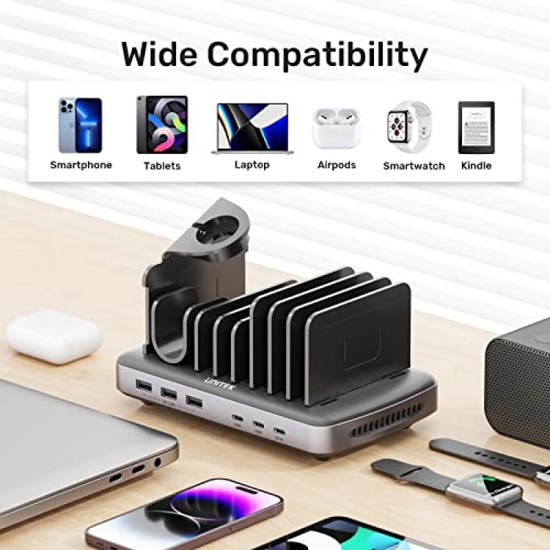 여러 장치를 위한 Unitek 충전 스테이션 Apple - 2개의 PD 20W 및 PD 45W 포트가 있는 멀티 USB C 충전기 독, iPhone, iPad, Samsung, 태블릿 등을 위한 장치 구성 도우미 고속 충전 도킹